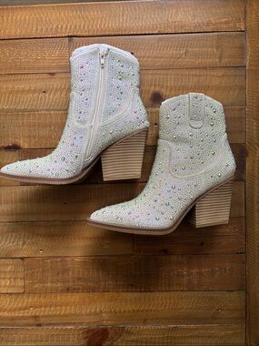 Embellished White Rhinestone Western Ankle Boots